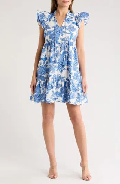 Eliza J Flutter Sleeve Tiered Dress In White/blue