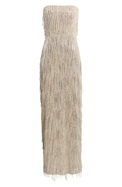 Eliza J Fringe Sequin Strapless Gown In Neutral