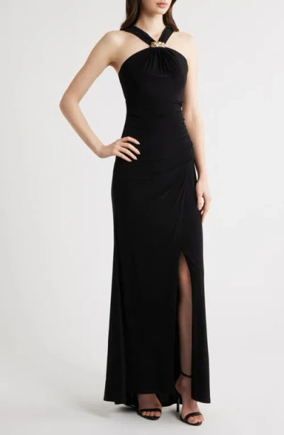 Eliza J Halter Neck Ruched Mermaid Gown In Black