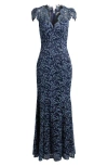 Eliza J Illusion Cap Sleeve Gown In Blue