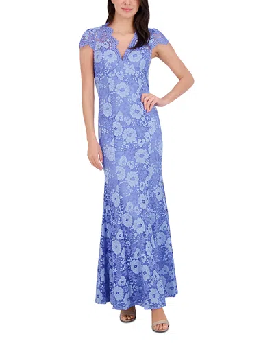 Eliza J Illusion Neck Cap Sleeve Gown In Blue