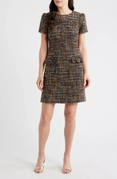 Eliza J Jewel Neck Tweed Shift Dress In Brown