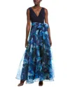 Eliza J Sleeveless Surplice Neck Mixed Media Gown In Blue
