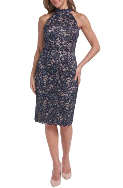 Eliza J Lace Mock Neck Sleeveless Sheath Dress In Blue