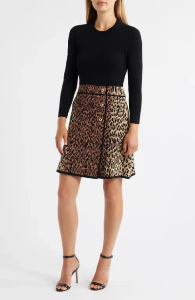 Eliza J Leopard Detail Long Sleeve Sweater Dress In Animal Print