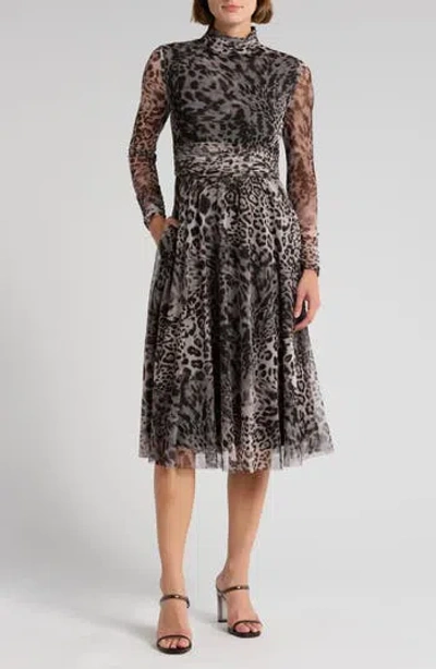 Eliza J Leopard Print Long Sleeve Mesh Midi Dress In Black Grey