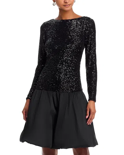 Eliza J Sequin Bodice Long Sleeve Mixed Media Cocktail Dress In Black
