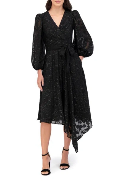 Eliza J Long Sleeve Burnout Chiffon Faux Wrap Midi Dress In Black Gold |  ModeSens