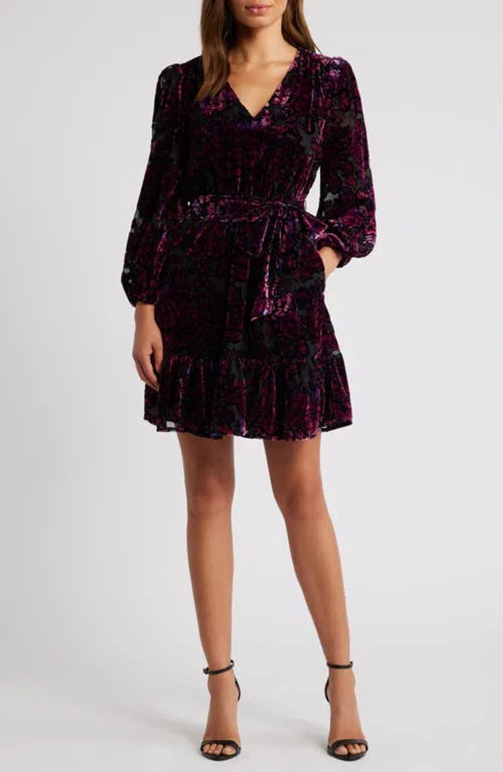 Eliza J Long Sleeve Burnout Velvet Cocktail Dress In Black Wildberry |  ModeSens