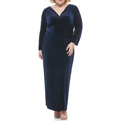 Eliza J Long Sleeve Faux Wrap Velvet Gown In Blue