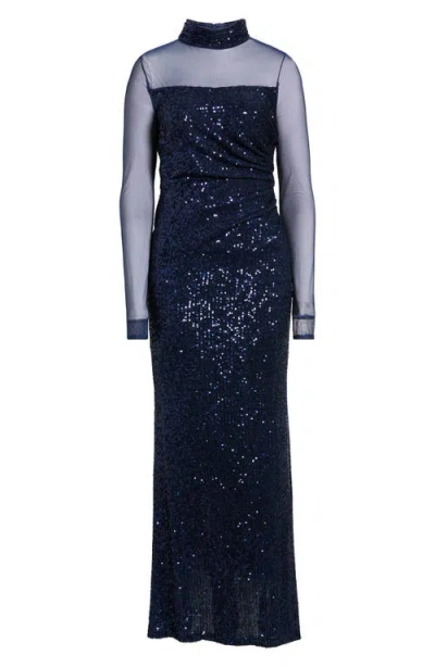 Eliza J Long Sleeve Mock Neck Sequin Gown In Blue
