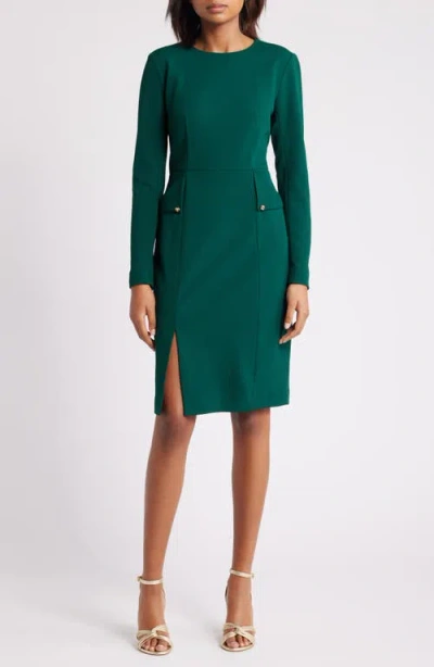 Eliza J Long Sleeve Pocketed Sheath Dress In Hunter