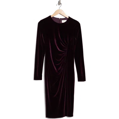 Eliza J Long Sleeve Ruched Velvet Midi Dress In Purple