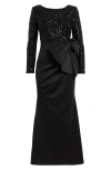 Eliza J Long Sleeved Boat Neck Combo Bow Mermaid Gown In Black