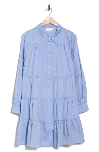 Eliza J Long Sleeve Tiered Shirtdress In Blue