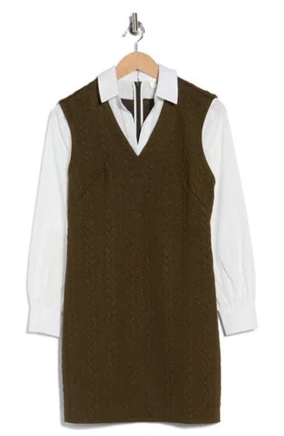 Eliza J Long Sleeve Twofer Shirtdress In Brown