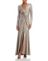 Eliza J Long Sleeved V Neck Twist Waist Mermaid Gown In Gray