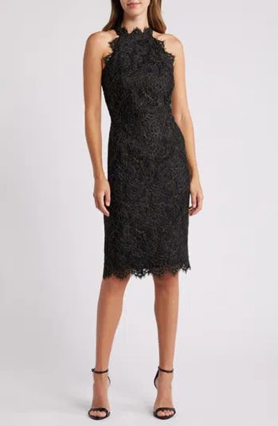 Eliza J Metallic Eyelash Lace Cocktail Dress In Black Gold
