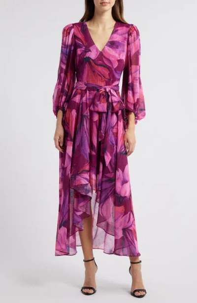 Eliza J Metallic Fleck Floral Long Sleeve High Low Dress In Berry