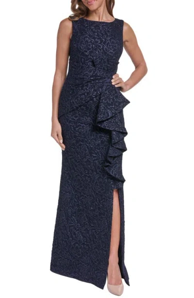 Eliza J Metallic Floral Jacquard Cascade Ruffle Gown In Blue