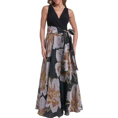 Eliza J Metallic Floral Jacquard Mixed Media Ball Gown In Gray