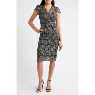 Eliza J Metallic Floral Lace Sheath Dress In Gray