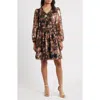Eliza J Metallic Floral Long Sleeve Dress In Brown