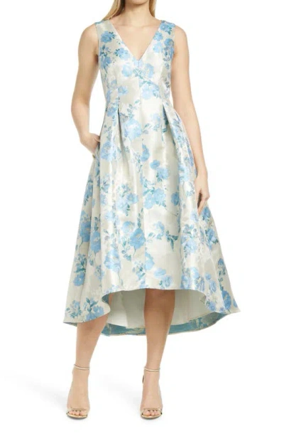 Eliza J Metallic Floral Print High-low Cocktail Dress In Blue