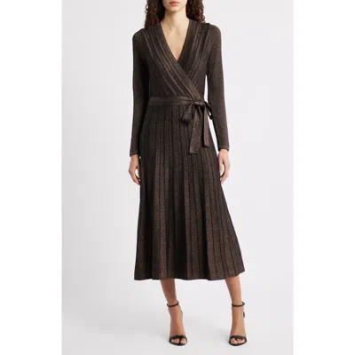 Eliza J Metallic Long Sleeve Knit Midi Dress In Brown