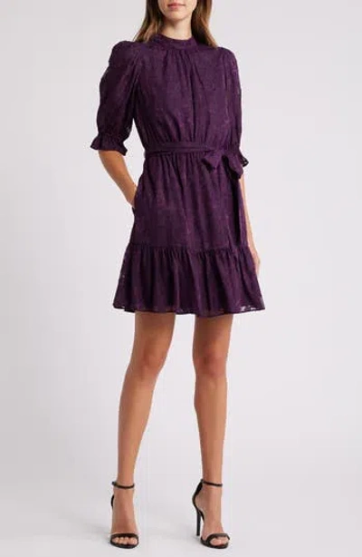 Eliza J Metallic Puff Sleeve Chiffon Cocktail Dress In Purple