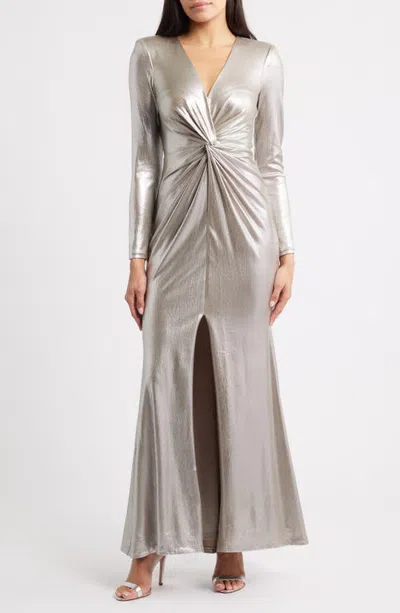 Eliza J Metallic Twist Waist Long Sleeve Gown In Neutral