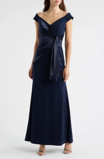 Eliza J Mixed Media Off The Shoulder Gown In Blue