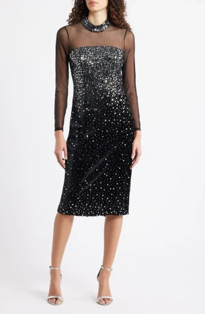 Eliza J Mixed Media Sequin Long Sleeve Cocktail Midi Dress In Black