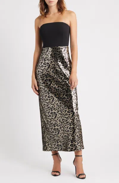 Eliza J Mixed Media Strapless Leopard Sequin Gown In Multi