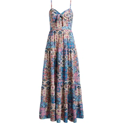 Eliza J Mixed Print Bow Front Tiered Maxi Sundress In Blue Multi
