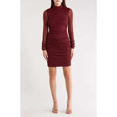 Eliza J Mock Neck Ruched Long Sleeve Mesh Body-con Dress In Burgundy