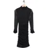 Eliza J Mock Neck Ruched Long Sleeve Mesh Body-con Dress In Gray