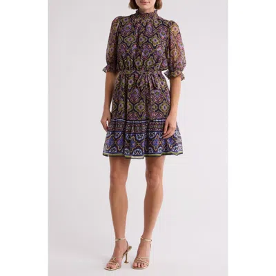 Eliza J Mock Neck Smocked Dress In Olive Navy