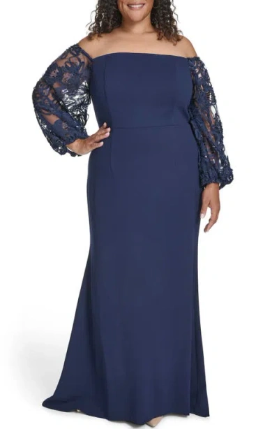 Eliza J Off The Shoulder Lace Long Sleeve Gown In Blue
