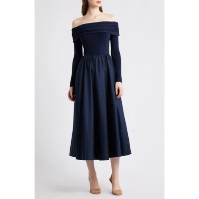 Eliza J Off The Shoulder Long Sleeve Mixed Media Dress In Blue