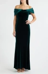 Eliza J Off The Shoulder Satin & Velvet Mermaid Gown In Green