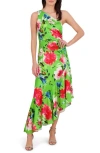 Eliza J One Shoulder Floral Asymmetric Satin Cocktail Dress In Green