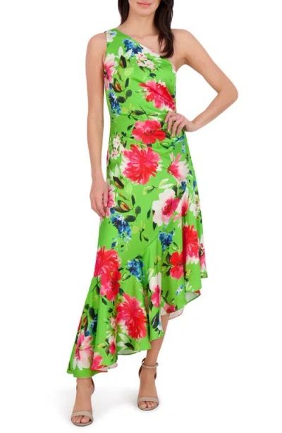 Eliza J One Shoulder Floral Asymmetric Satin Cocktail Dress In Green