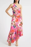 Eliza J One Shoulder Floral Asymmetric Satin Cocktail Dress In Hot Pink