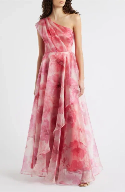 Eliza J One-shoulder Floral Chiffon Gown In Pink