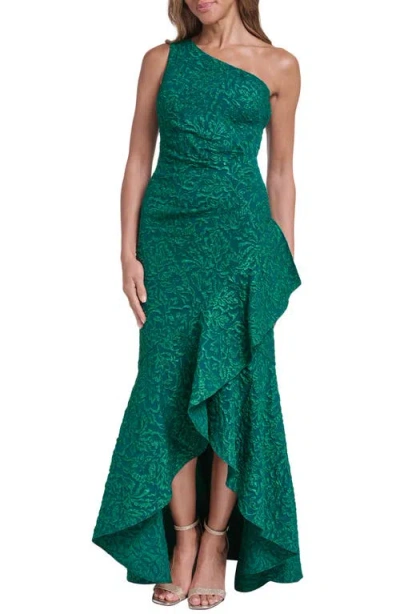 Eliza J One Shoulder Floral Jacquard Gown In Green
