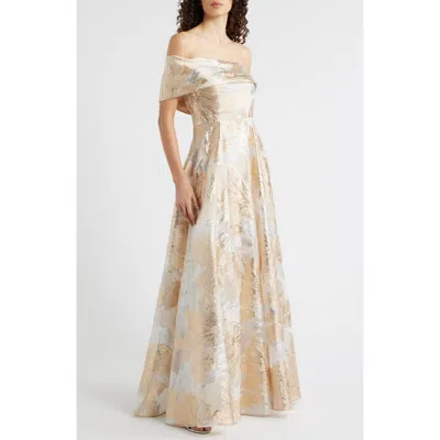 Eliza J One-shoulder Metallic Jacquard Gown In Gold
