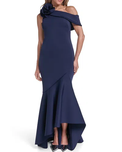 Eliza J One Shoulder Rosette Trim Ruffle Hem Gown In Black
