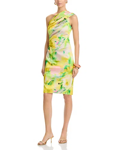 Eliza J Abstract Floral One-shoulder Satin Cocktail Sheath Dress In Green