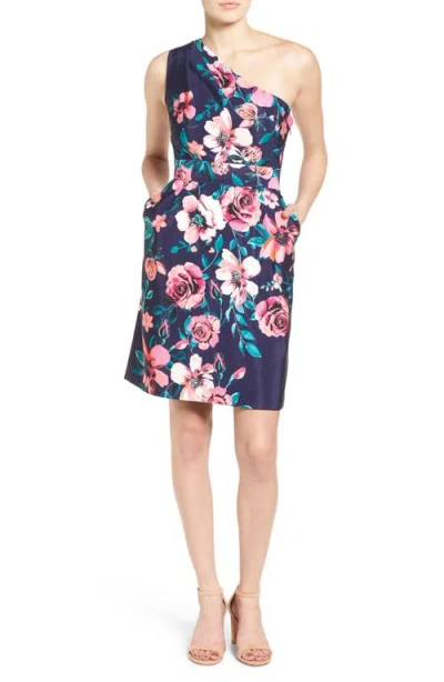 Eliza J One-shoulder Sheath Dress In Navy/pink